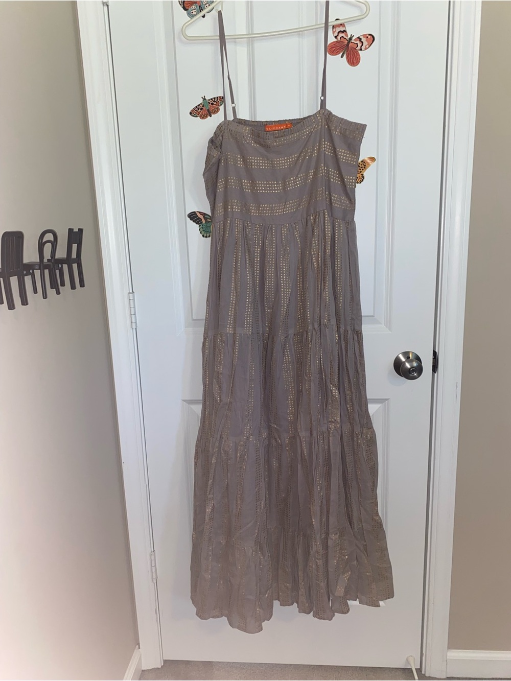 Oliphant Taupe Smocked Maxi Dress with Gold Metallic Trim